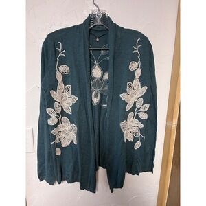 Knitted & Knotted Anthropologie Teal Blue Floral Embroidered Silk Blend Cardi S